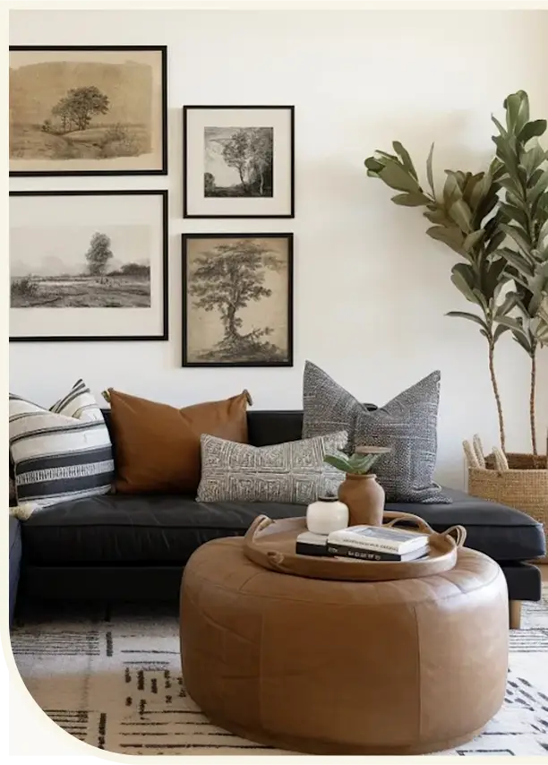 Cozy living room with a black sectional sofa, patterned pillows, a round leather ottoman, framed tree artwork, and a tall potted plant.